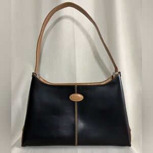 Tod’s Black Leather Shoulder Bag Adjustable Strap Tan Trim Italy